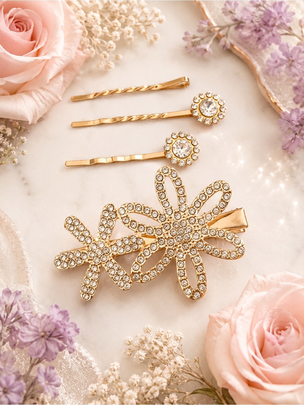 NWT Crystal Floral Hair Clip & Bobby Pin Set Gold Tone Rhinestone Bridal Wedding